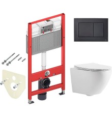 Комплект унитаза CeramaLux 2197 с инсталляцией Tece Now 9400414 с сиденьем Микролифт и Черной матовой клавишей смыва