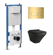 Комплект унитаза с инсталляцией Grossman Pragma 97.4440BMS.03.300 цвет Черный матовый с сиденьем с клавишей смыва цвет Золото