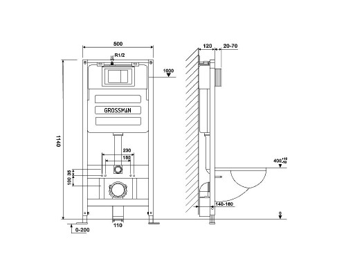Комплект унитаза с инсталляцией Grossman Style 97.4477S.05.21M цвет Белый глянцевый с сиденьем с клавишей смыва цвет Черный