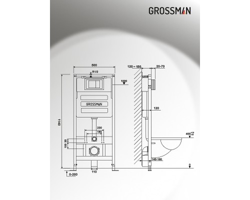 Комплект унитаза с инсталляцией Grossman Style 97.4477BMS.05.12M цвет Черный матовый с сиденьем с клавишей смыва цвет Белый