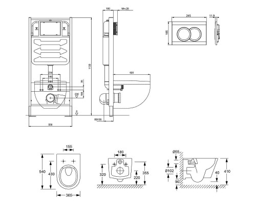 Комплект унитаза с инсталляцией Jacob Delafon Bastille EDAB103-BL с сиденьем Микролифт и Черной матовой клавишей смыва