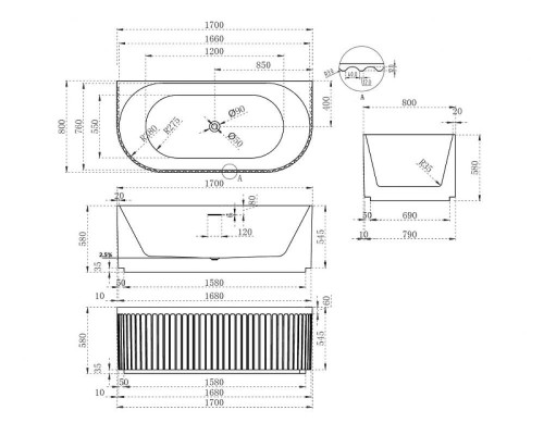 Акриловая ванна Abber 170х80 AB9416-1.7 без гидромассажа