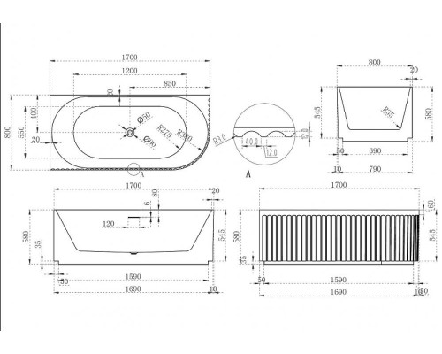 Акриловая ванна Abber 170х80 AB9412-1.7 L без гидромассажа