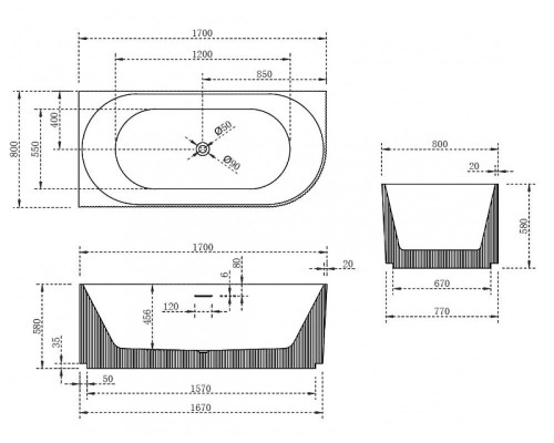 Акриловая ванна Abber 170x80 AB9329-1.7 L Без гидромассажа
