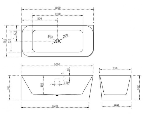 Акриловая ванна Abber 160x75 AB9331-1.6 L Без гидромассажа