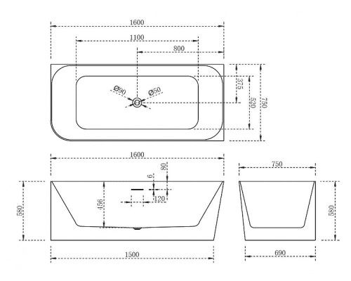 Акриловая ванна Abber 160x75 AB9331-1.6 R Без гидромассажа