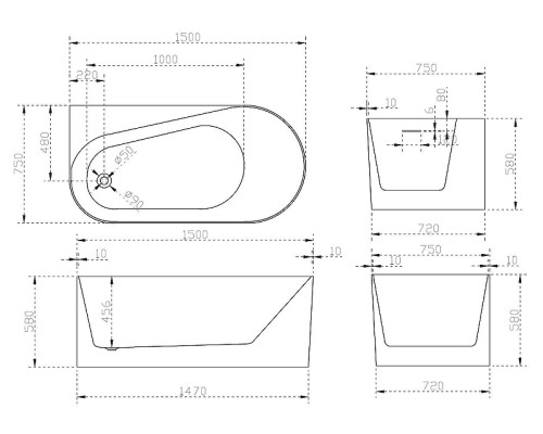 Акриловая ванна Abber 150x75 AB9496-1.5 L Без гидромассажа