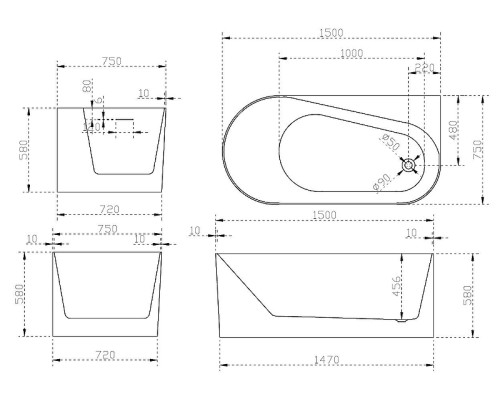 Акриловая ванна Abber 150x75 AB9496-1.5 R Без гидромассажа