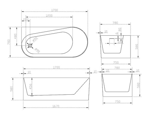 Акриловая ванна Abber 170x78 AB9496-1.7 L Без гидромассажа