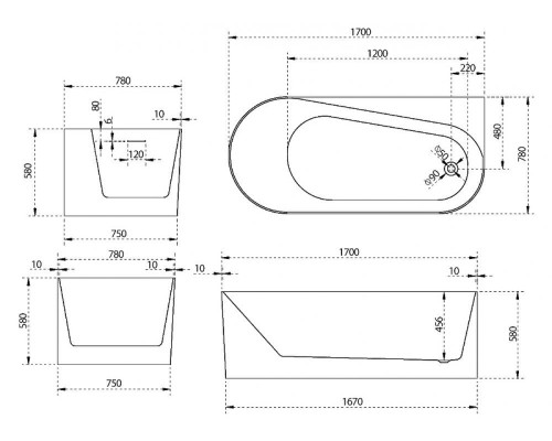 Акриловая ванна Abber 170x78 AB9496-1.7 R Без гидромассажа