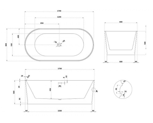 Ванна из искусственного камня Abber Stein 170x80 AS9650 без гидромассажа