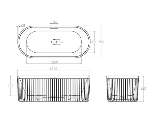 Ванна из искусственного камня Abber Stuttgart 170x75 AM9925 Белая матовая без гидромассажа