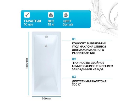 Акриловая ванна Aquanet Bright 180x70 216304 без гидромассажа