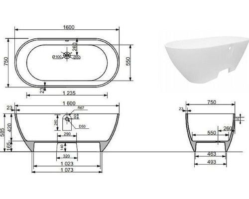 Ванна из искусственного камня Aquanet Family Stone 160х75 AQ-00332889 цвет Белый