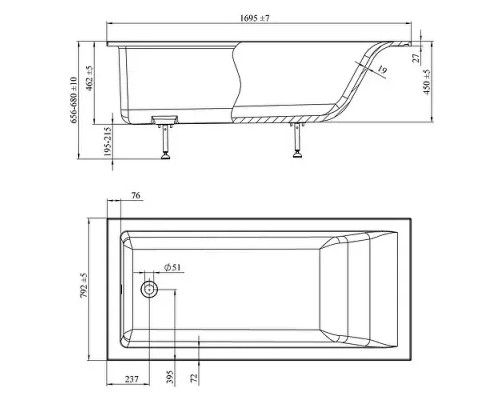 Ванна из искусственного камня Astra Form Нейт 170x79 01010033 цвет Белый глянец