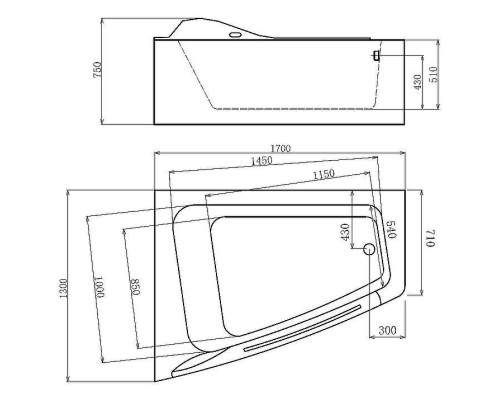 Акриловая ванна Gemy 170х130 G9056 O L с гидромассажем