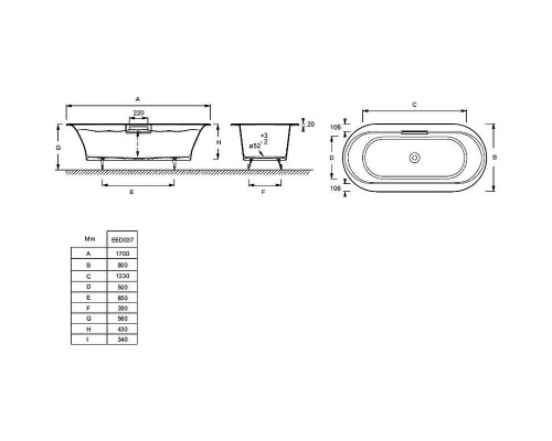 Чугунная ванна Jacob Delafon Volute 170x80 E6D037-00 с антискользящим покрытием