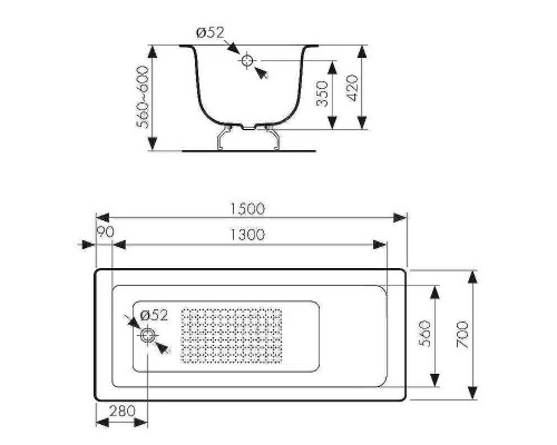 Чугунная ванна Kaiser 150х70 КВ-1603 с антискользящим покрытием