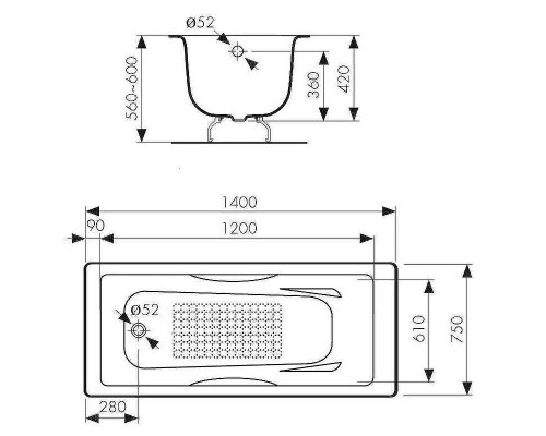 Чугунная ванна Kaiser 140х75 КВ-1701 с антискользящим покрытием