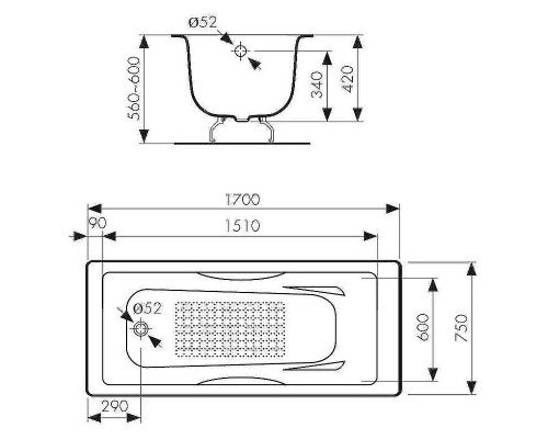 Чугунная ванна Kaiser 170х75 КВ-1703 с антискользящим покрытием