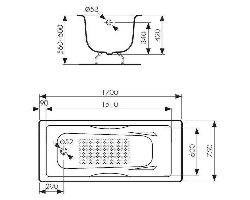 Чугунная ванна Kaiser 170х75 КВ-1704 с антискользящим покрытием