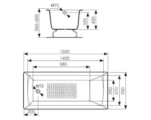 Чугунная ванна Kaiser 150х70 КВ-1801 с антискользящим покрытием