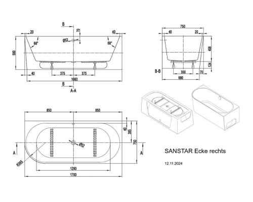 Акриловая ванна Vagnerplast Sanstar 170x75 R VPBV175SAN9RX-96 цвет Белый