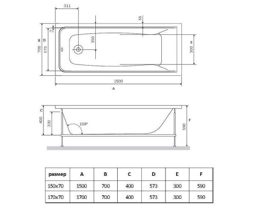 Акриловая ванна Vincea 170х70 VBT-2G170-LG цвет Белый