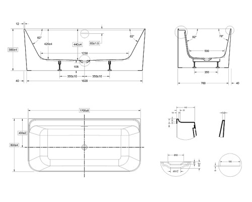 Акриловая ванна Vincea 170х80 VBT-702-1700 цвет Белый