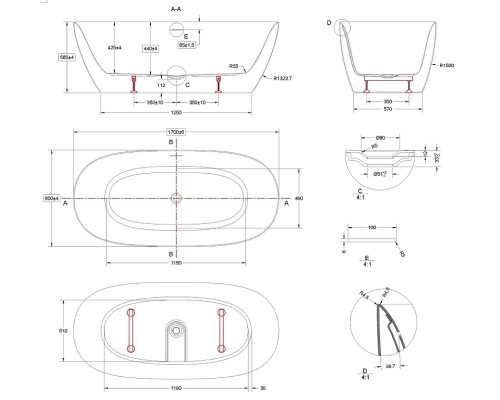Акриловая ванна Vincea 170х80 VBT-708-1700 цвет Белый