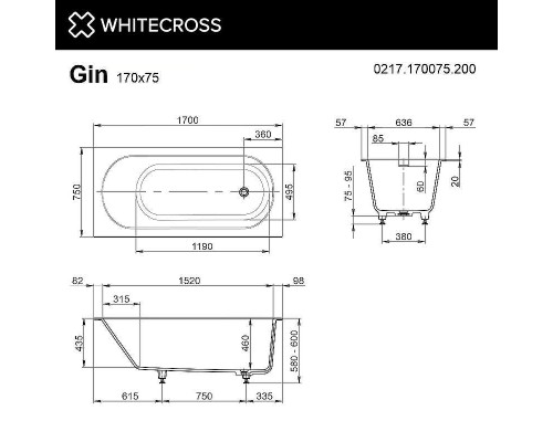 Ванна из искусственного камня Whitecross Gin 170x75 0217.170075.200 Белая матовая без гидромассажа