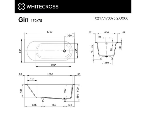 Ванна из искусственного камня Whitecross Gin 170x75 0217.170075.2XXXX цвет RAL матовый