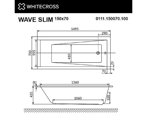 Акриловая ванна Whitecross Wave Slim 150x70 0111.150070.100.ULTRANANO.GL с гидромассажем