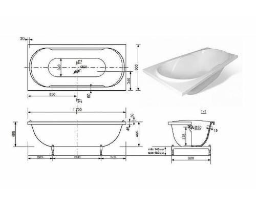 Ванна из искусственного камня Эстет Астра 170х80 ФР-00000620 без гидромассажа